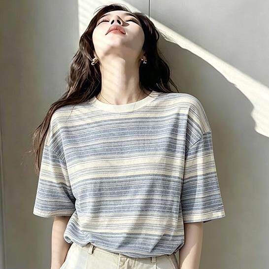 2026夏季新款休闲大码圆领撞色条纹短袖t恤女宽松百搭半袖薄上衣