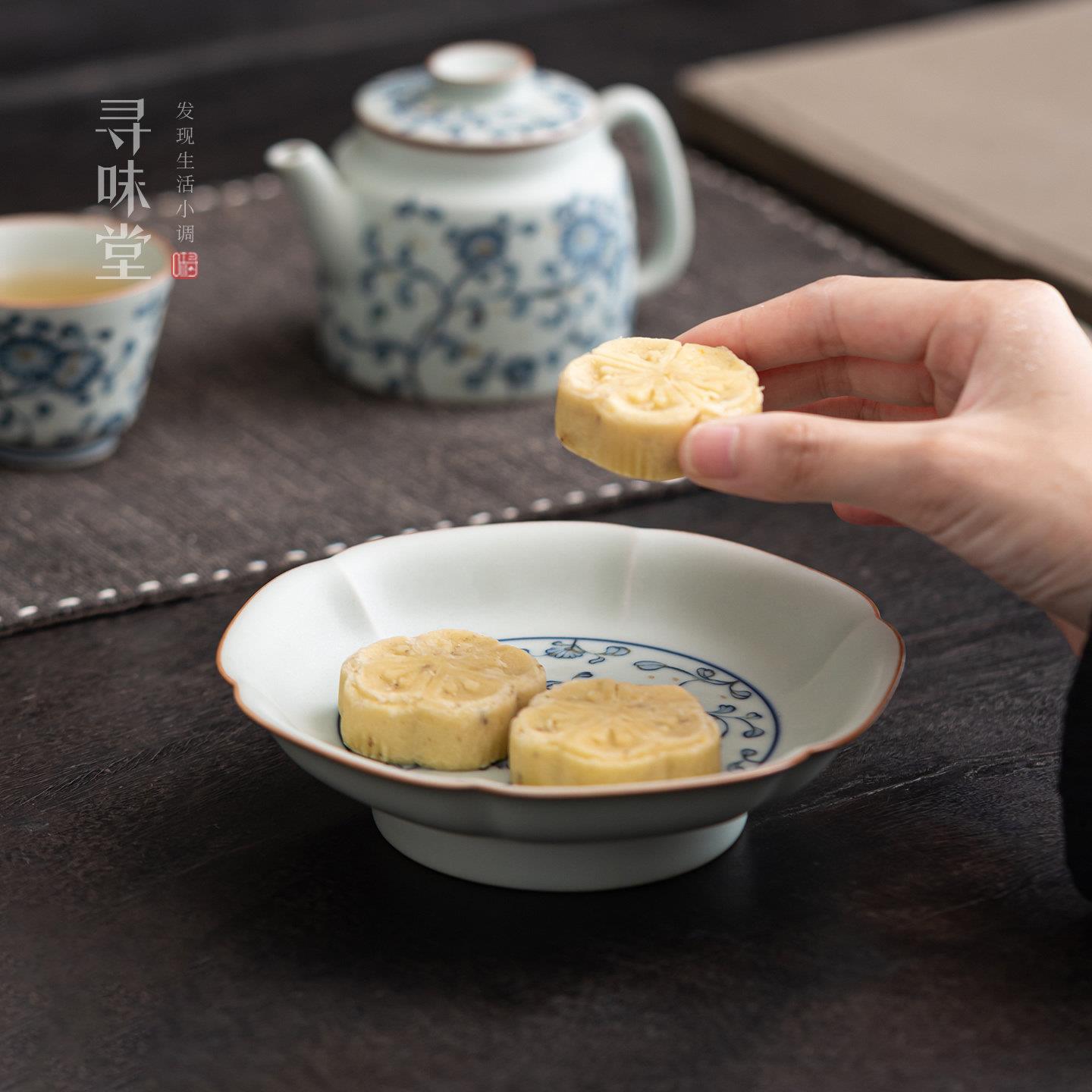 仿古青花汝窑茶点盘|复古糕点盘亚青釉果盘家用中式陶瓷功夫茶具