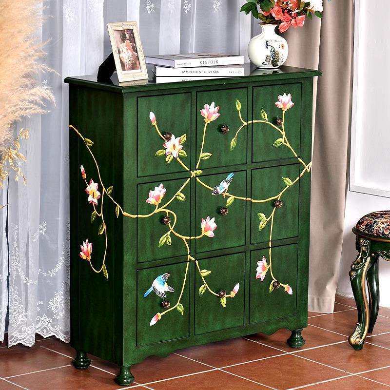实木九斗柜 客厅新中式彩绘收纳卧室抽屉柜 床尾靠墙复古储物橱柜