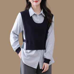 马甲衬衫拼接假两件套装女春秋大码胖mm毛衣马夹背心衬衣针织上衣