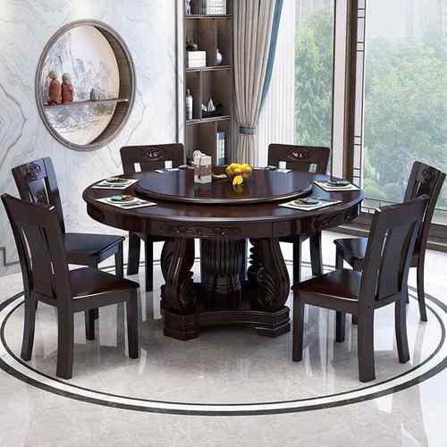 中式实木餐桌椅组合圆形吃饭桌子家用10人带转盘雕花电磁炉大圆桌