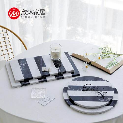 条纹果接大理石托盘样拼板间奢装饰摆件PIY北欧创轻意饰品收纳盘