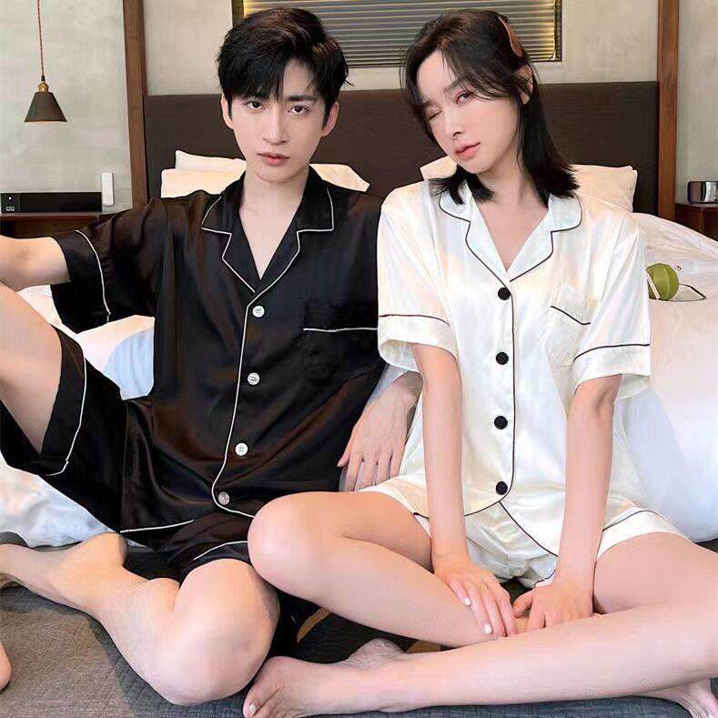 买一送一情侣睡衣女夏季冰丝绸短袖短裤薄款夏天男女士家居服套装