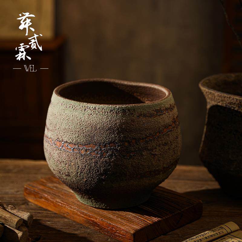 景德镇陶瓷花瓶复古手工做旧捏花器粗陶侘寂风大口径台面花盆摆件