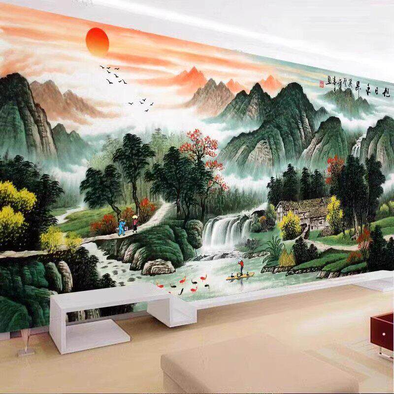 人工绣好的十字绣成品旭日东升流水生财新款大幅客厅山水画 画纯