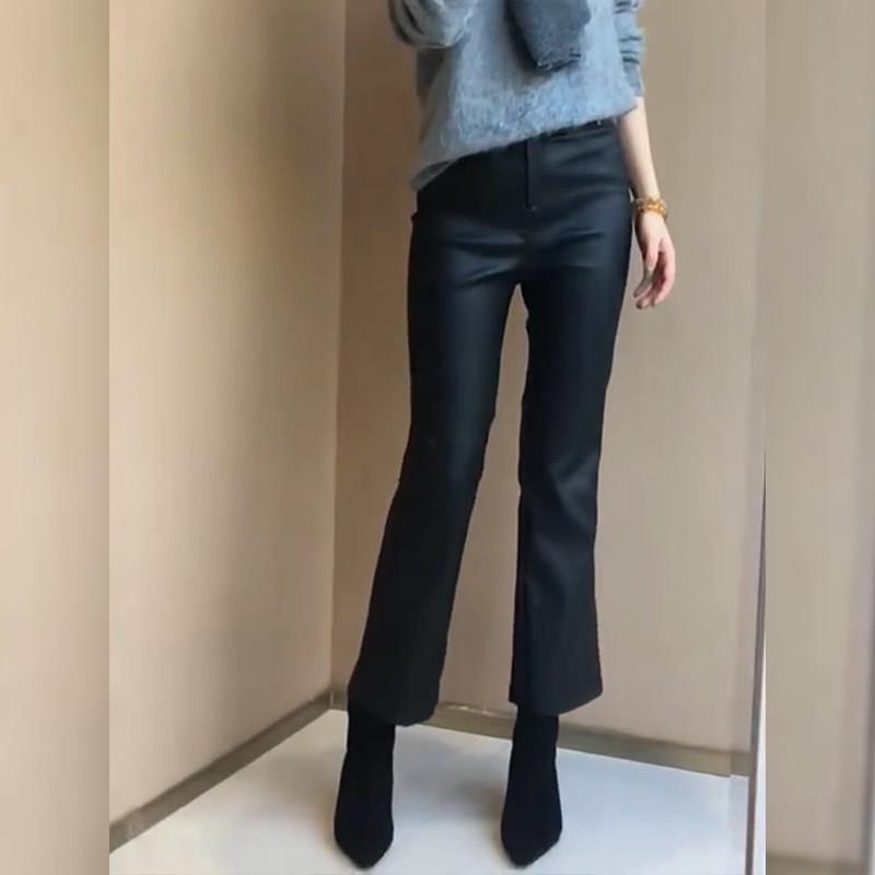 SPYB黑色微喇皮裤女2025年春秋季新款梨形身材小个子显瘦九分裤子