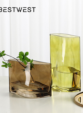 博西家居简约现代不规则透明玻璃花瓶摆件客厅桌面样板间装饰品