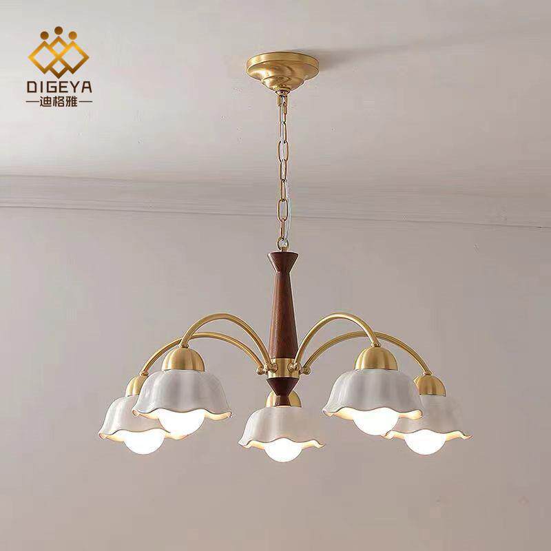 复古法式全铜玫瑰花吊灯现代简约美式胡桃木吊灯卧室客厅书房吊灯