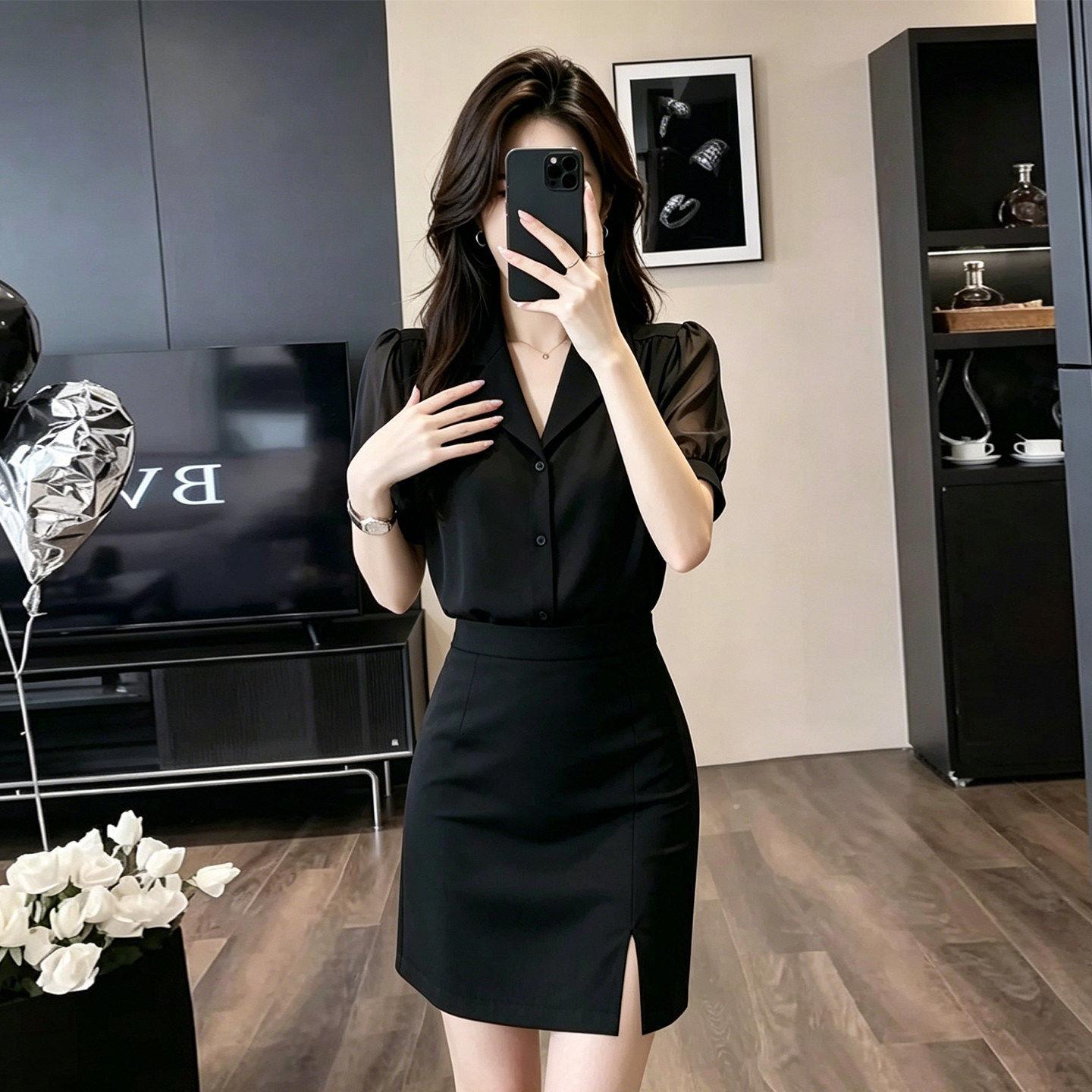 前台接待工作服职业气质短袖黑衬衫女夏季包臀裙套装高端礼仪制服