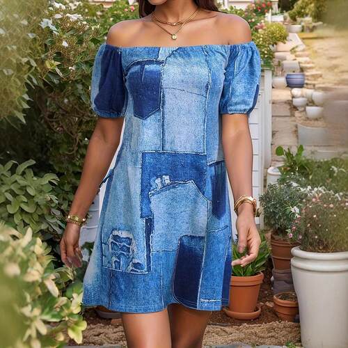 Women's printed one shoulder lantern sleeve dress
