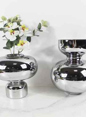 现代简约电镀银色彩色蓝色玻璃花瓶样板间售楼处餐桌花器玄关摆件