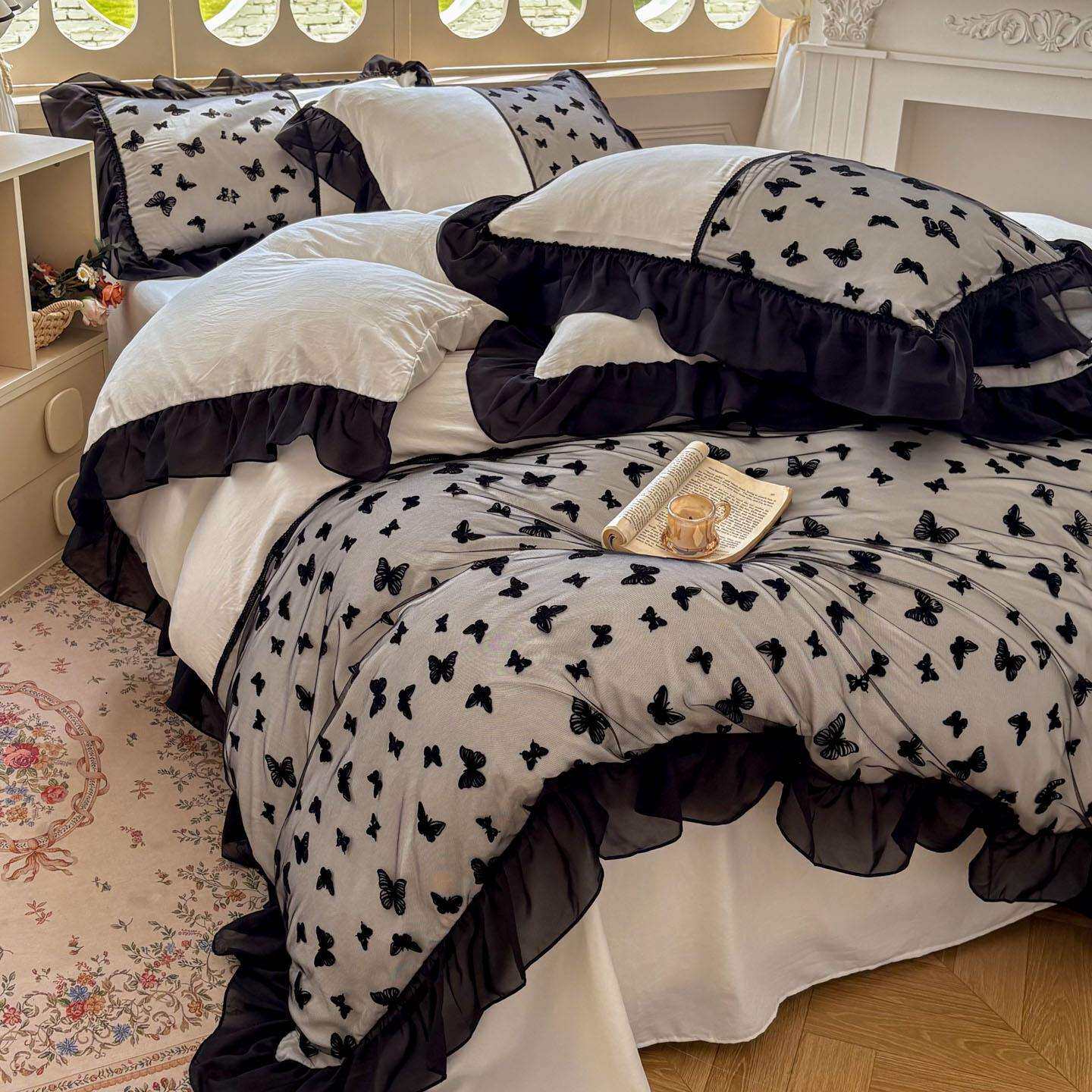 2026新款水洗棉花边四件套系列-蝴蝶梦境四件套水洗磨毛亲肤套件