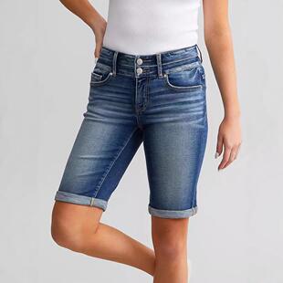 Women Waist Shorts Medium Wash Ripped Hem Elastic Slim