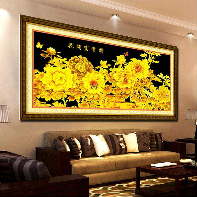 青精准印花开富客贵金色飞牡丹花系列十字金色2127荷花绣有丝线厅