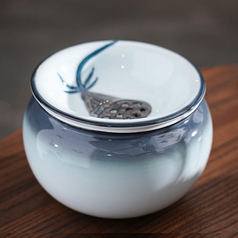 建水茶渣缸功夫茶具带盖过滤水盂汝窑家用青瓷废水桶水缸洗茶器