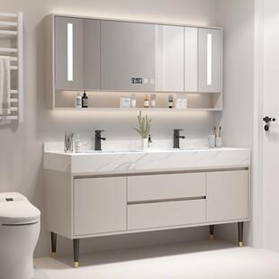 奶油风浴室柜组合落地柜款岩板一体无缝盆卫生间洗手洗漱双盆款式