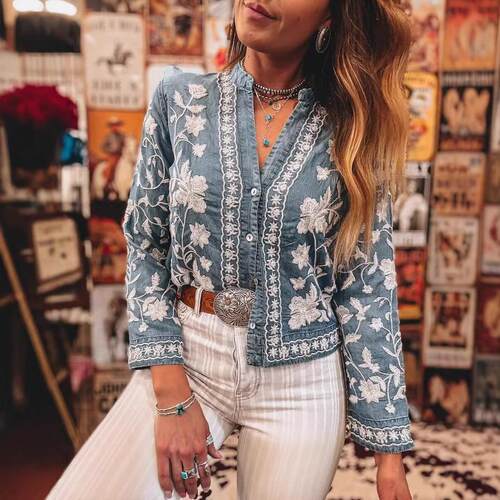 Women's embroidered denim collar long sleeved top