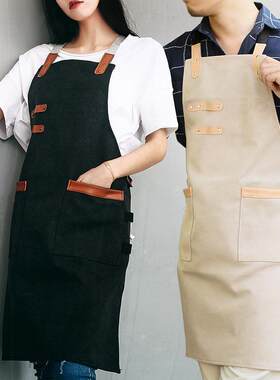 欧美特色工装水洗帆布围裙咖啡厅创意餐厅工作服背带款可印制LOGO