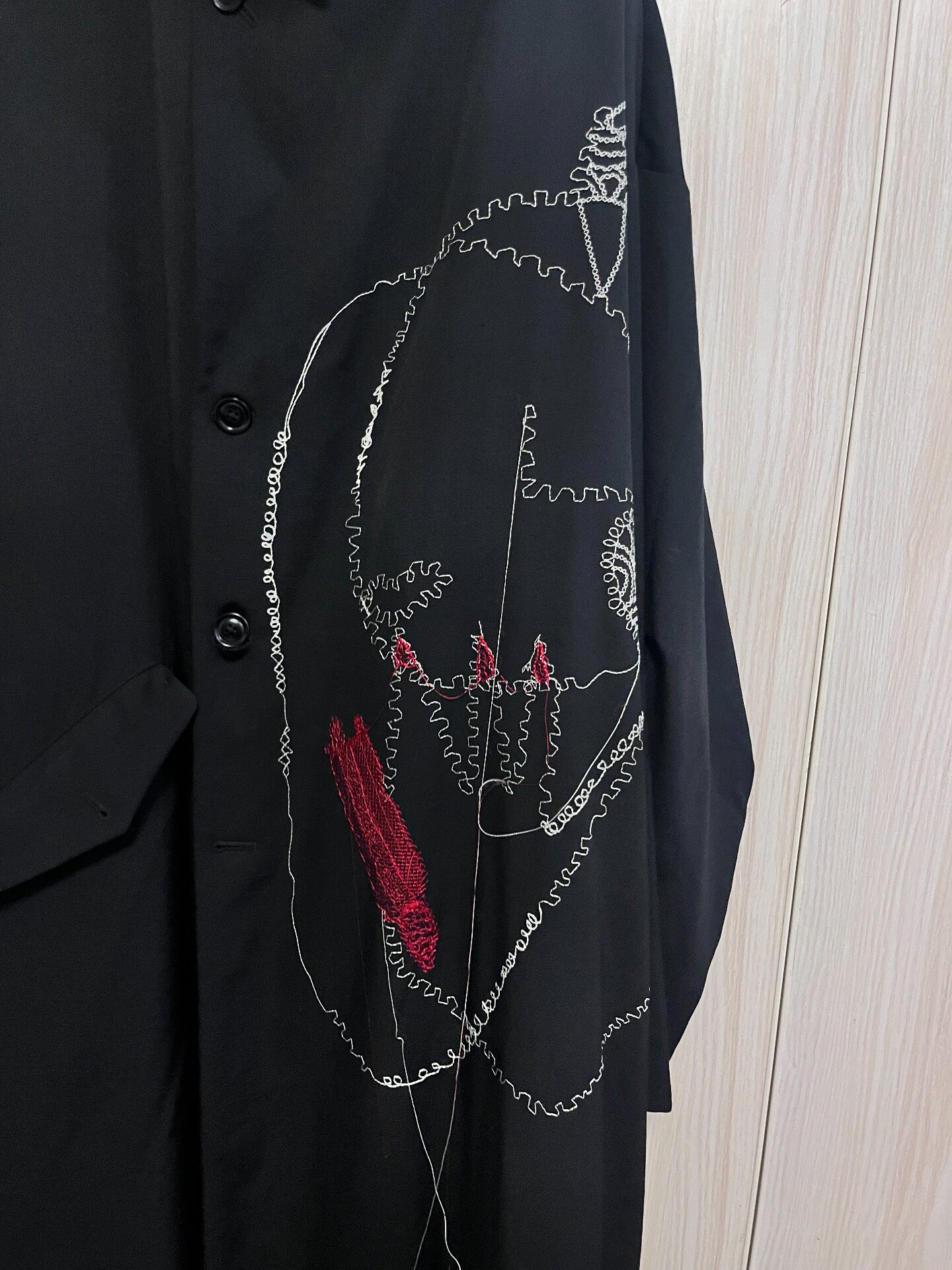 Yohji Yamamoto Black Wool Embroidery Coat — front