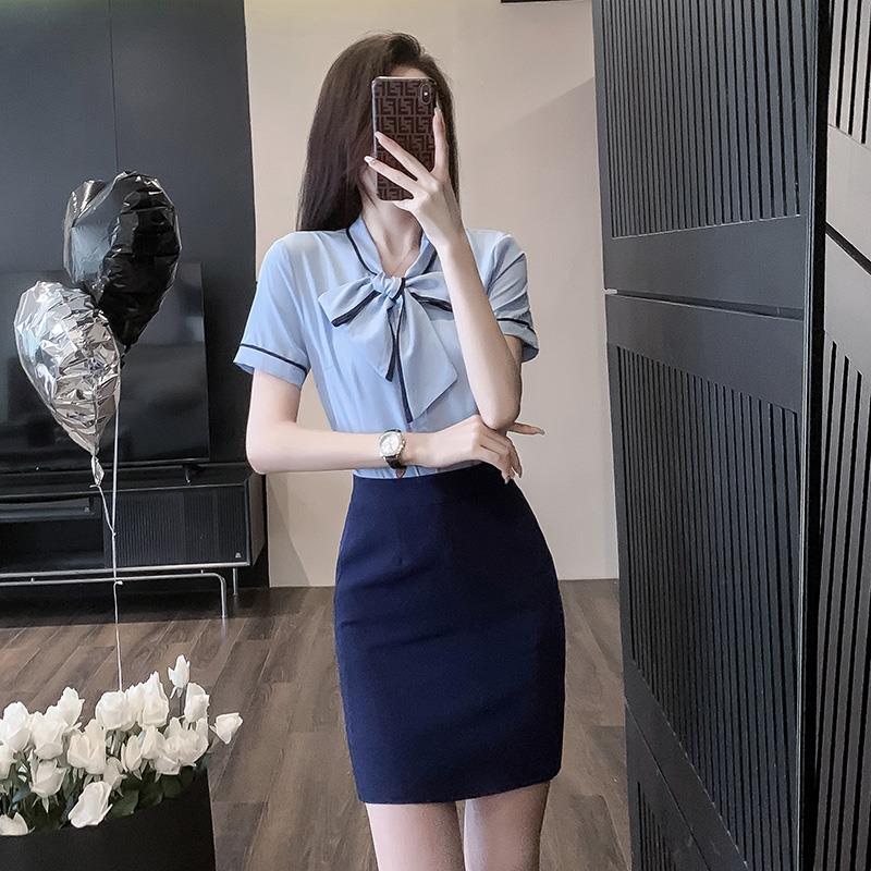 蓝色短袖衬衫女士衬衣2025新款空姐职业套装包裙酒店前台工作装夏