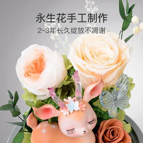 新款直销妇女节创意永生花玫瑰小鹿微景观玻璃罩礼盒送女友生日礼