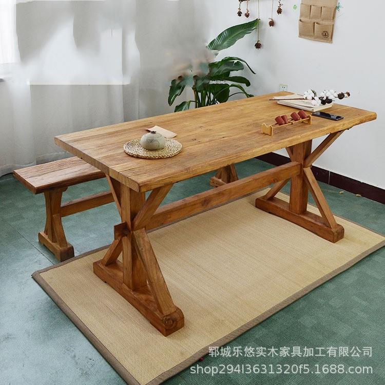 实木复古餐桌原木民宿茶桌吧台老榆木洽谈桌风化木板桌老板泡茶桌