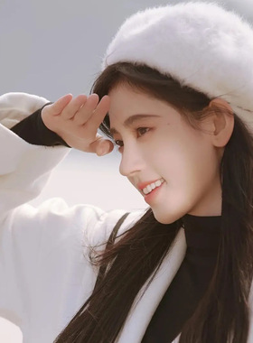 鞠婧祎贝雷帽白色兔毛女士帽子