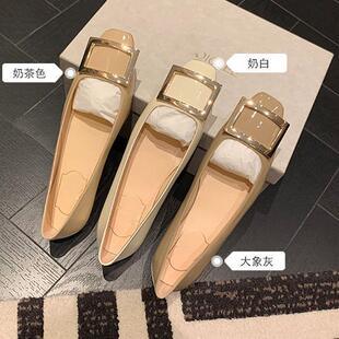 经典款2025新款rv方扣高跟鞋中跟方头浅口婚鞋百搭真皮平底单鞋女