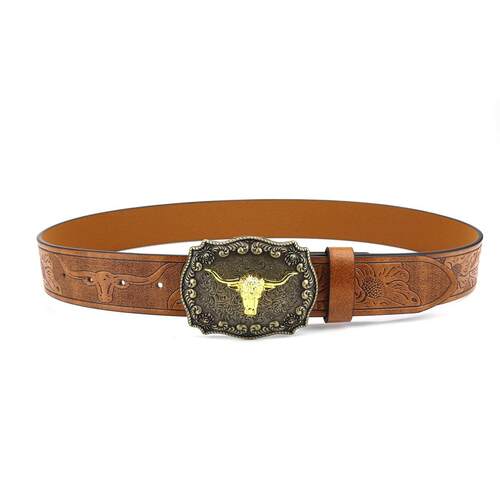 Denim belt cow head large plate buckle trendy 牛仔皮带牛头