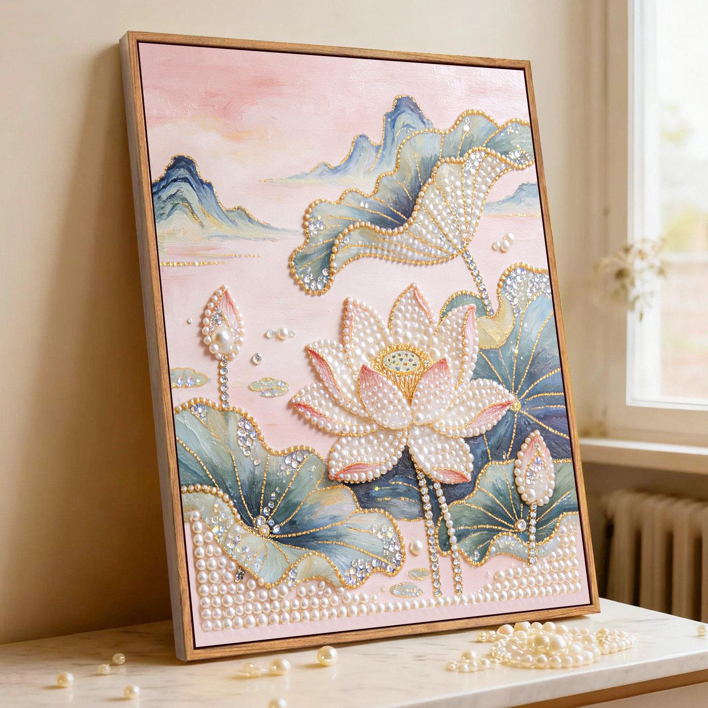 荷花映日DIY珍珠画 手工拼贴钻石画莲花古风装饰挂画高级感礼物