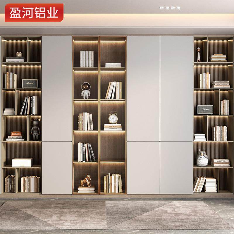 现代简约铝合金置物书架家用收纳组合满墙玻璃柜门组合铝合金书柜