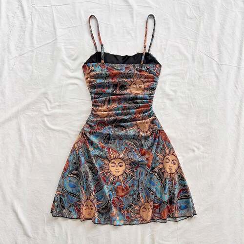Women's Vintage Bohemian Sun Printed Pleated Mini Dress