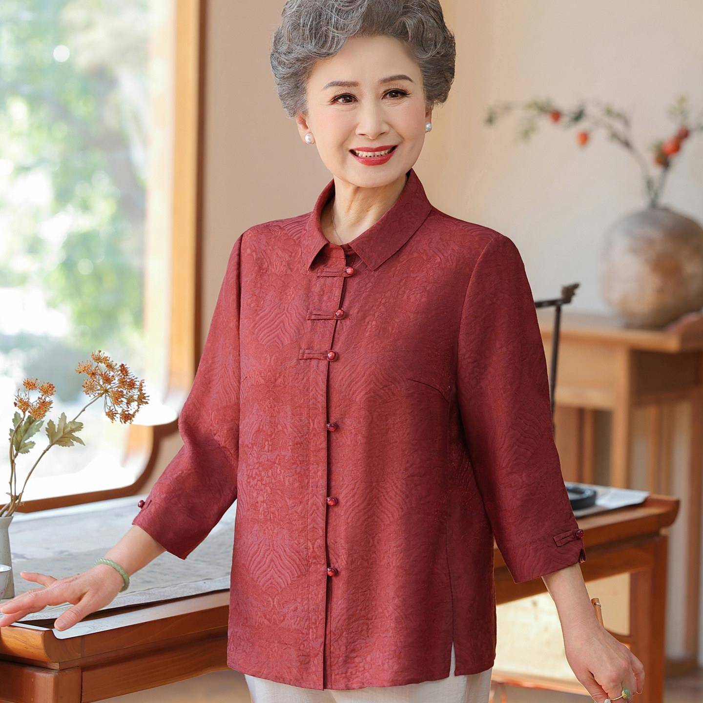 奶奶装夏装七分袖衬衫女70岁80妈妈太太中袖喜庆上衣服老年人套装