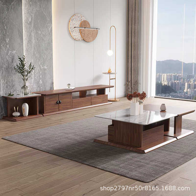 北欧岩板电视柜茶几组合胡桃色落地意式极简大小户型客厅地台整装,住宅家具,茶几+电视柜,淘宝优惠券,粉丝福利购,淘宝优惠卷