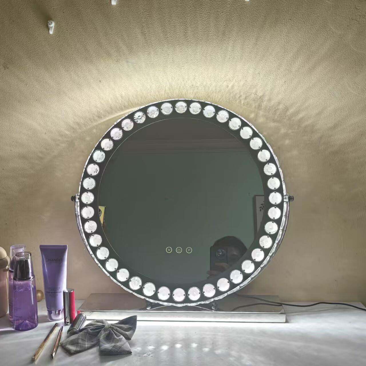 大号水晶LED灯化妆镜桌面台式化妆镜子带灯高端轻奢暮光智能镜圆