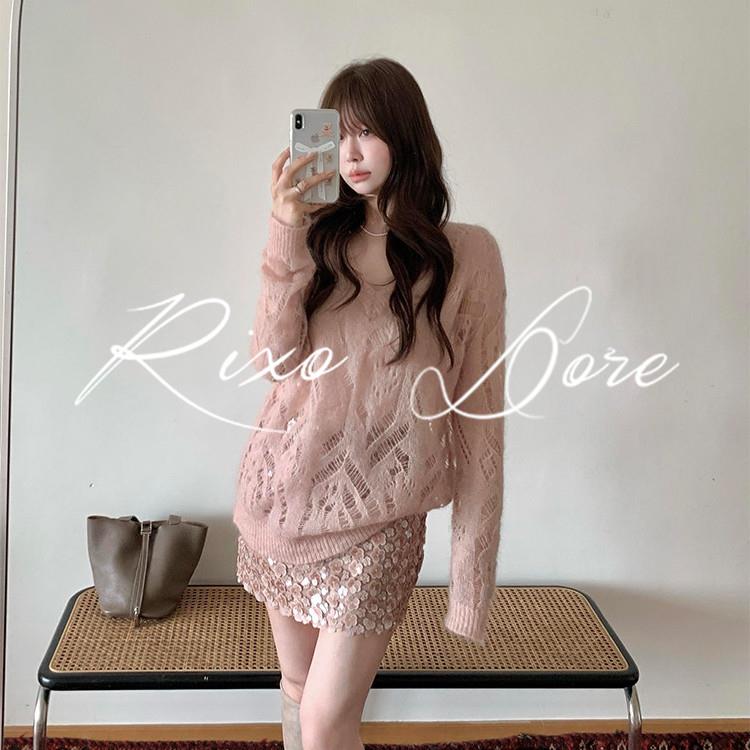 RIXO DORE法式温柔风粉色V领设计镂空针织衫女重工亮片短裙两件套