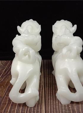 天然白玉貔貅摆件玉石大号母子貔恘一对客厅办公室玄关装饰品摆件