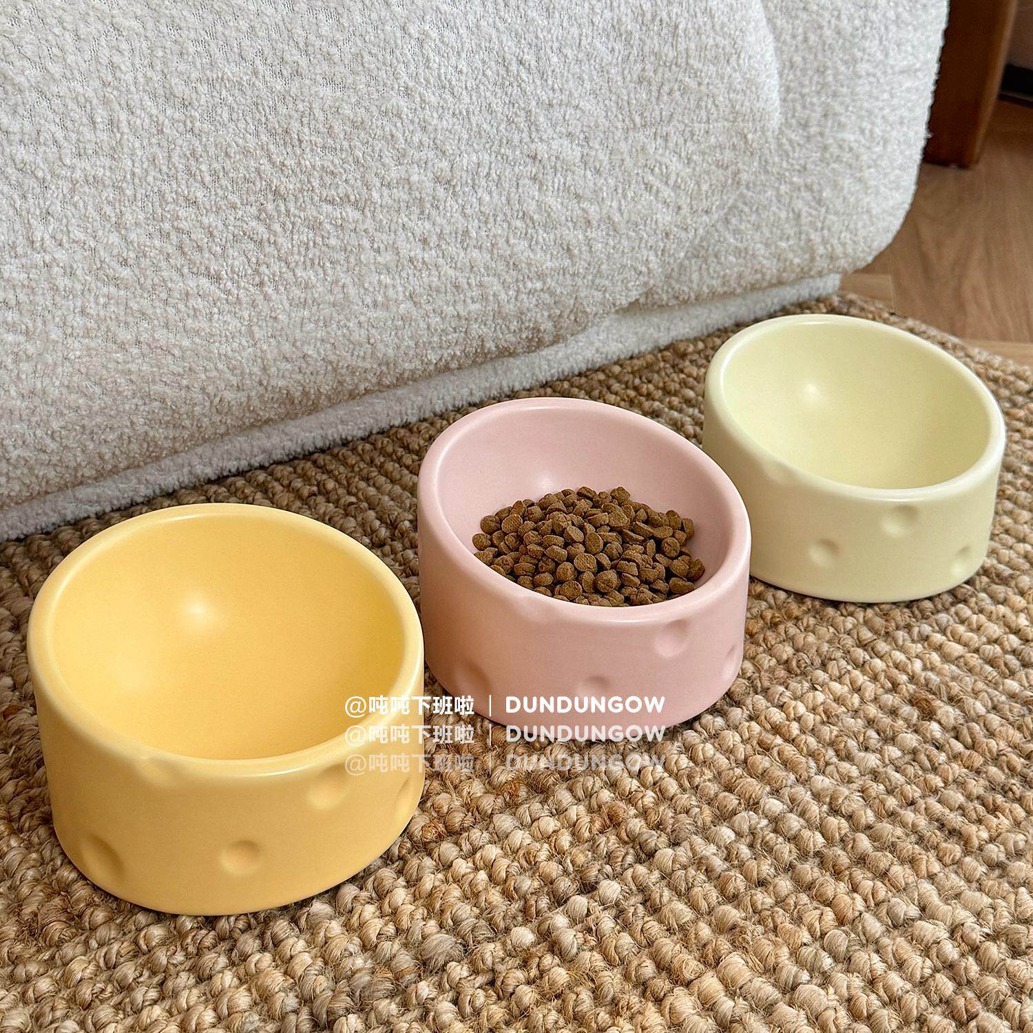 DUNDUN斜切奶酪碗陶瓷猫食盆保护颈椎斜口宠物碗防打翻喝水碗