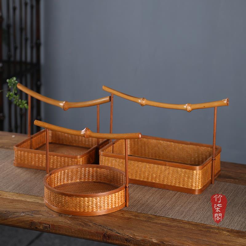 中式筇竹手工竹编紫竹手提食盒长方形圆形提篮水果篮茶点收纳竹篮