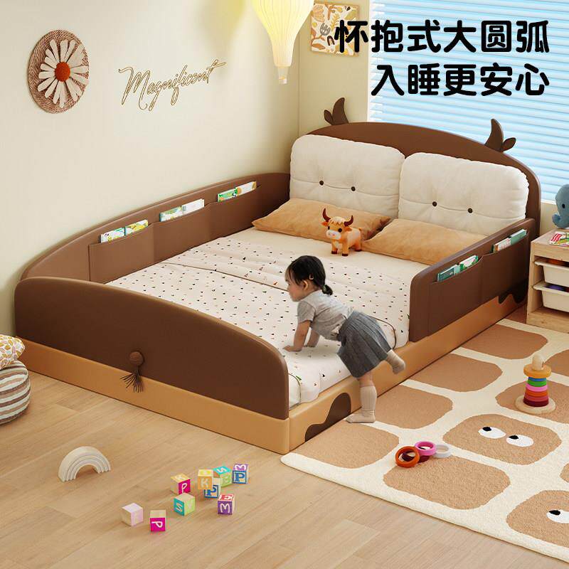 实木儿童床奶牛小岛地台床实木蒙氏儿童带护栏男孩单人床女孩房