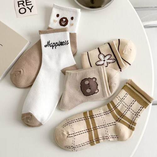 Womens 5 Pairs Colorblock Stripped Star Print Crew Socks