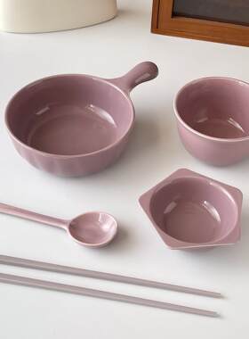 【手柄碗4件套】一人食陶瓷米饭碗勺筷子餐具套组水果沙拉蔬菜碗