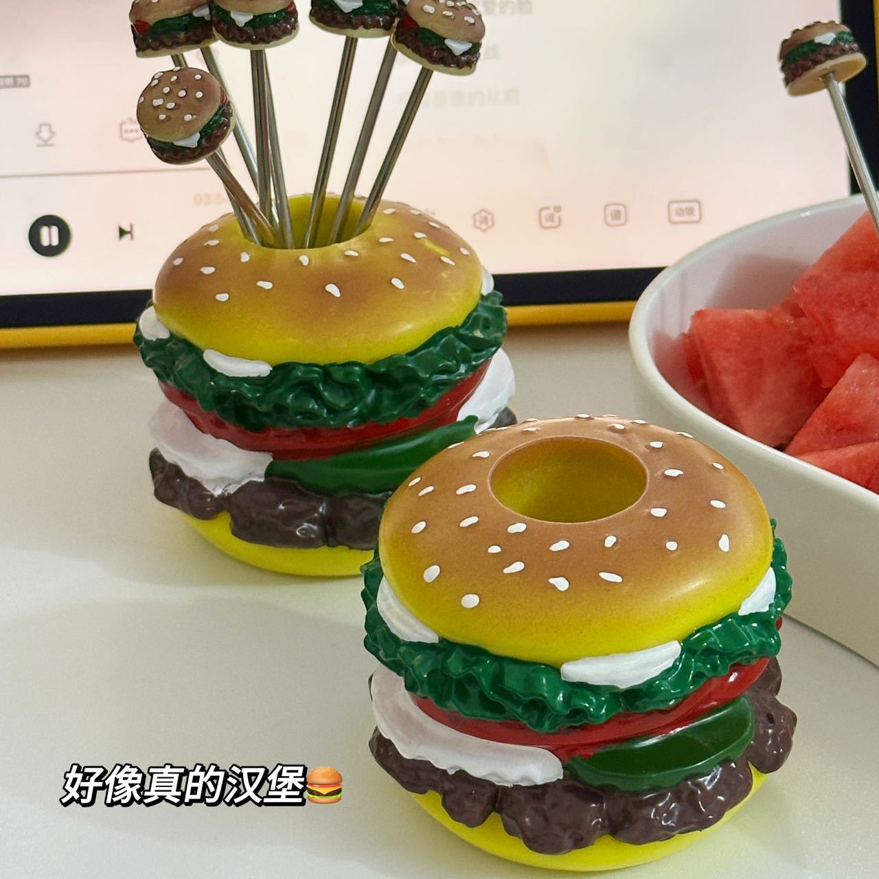 新款水果叉不锈钢汉堡造型家用儿童可爱水果签蛋糕零食小叉