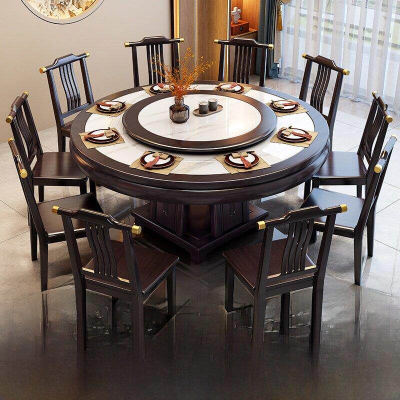 新中式岩板餐桌椅组合带岩板转盘饭桌现代简约家用大理石实木圆桌