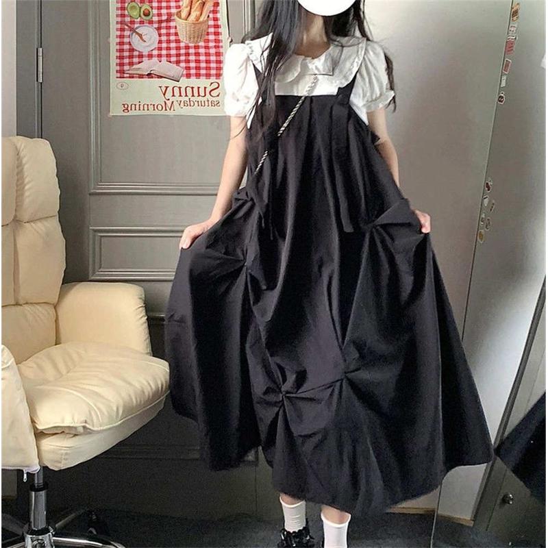 两件套装女2025夏装新款宽松显瘦不规则褶皱背带裙搭配泡泡袖衬衫