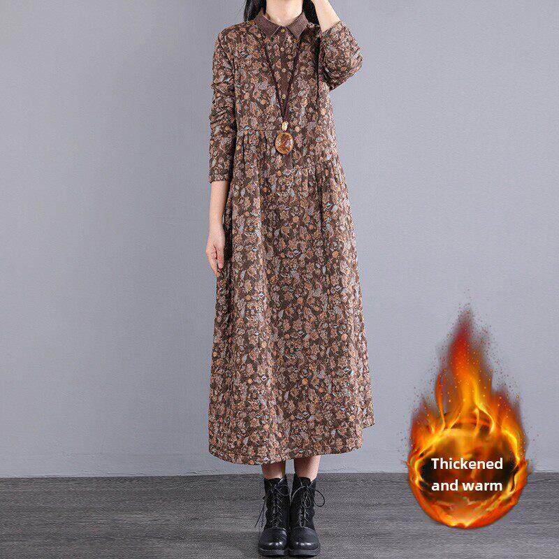 碎花连衣裙女秋冬夹棉加厚保暖文艺大码宽松中长款过膝打底裙