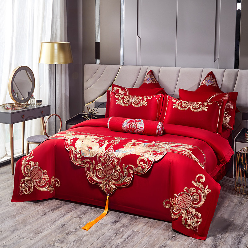 高档婚庆四件套大红全棉刺绣龙凤结婚房嫁喜被新婚床单笠纯棉床品,床上用品,婚庆床品套件,淘宝优惠券,粉丝福利购,淘宝优惠卷