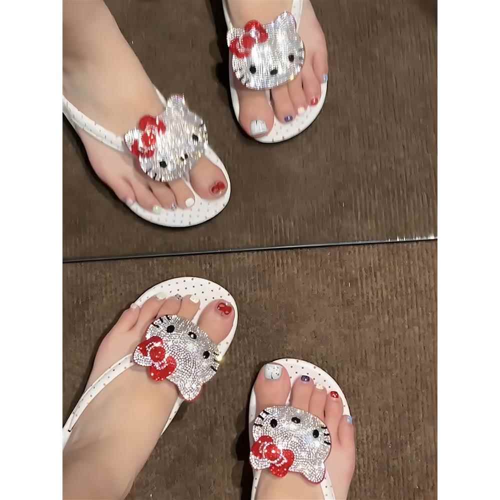 哈喽kitty人字拖波点水钻凯蒂猫拖鞋可外穿舒适耐穿耐磨增高拖鞋