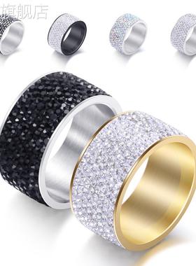 欧美跨境热卖12MM男钛钢镶钻百搭时尚戒指8排带钻不锈钢戒指