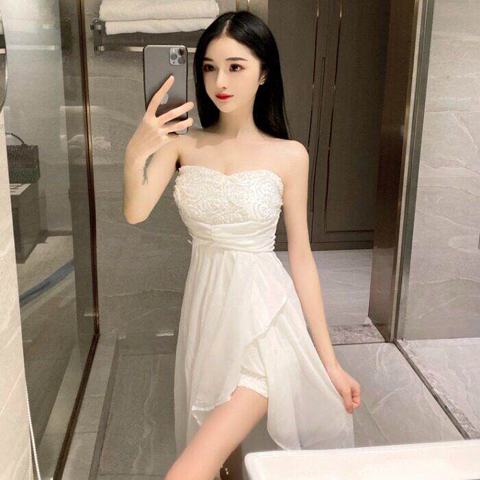 直播衣服女主播性感钩花裹胸礼服前短后长网纱连衣裙公主裙子